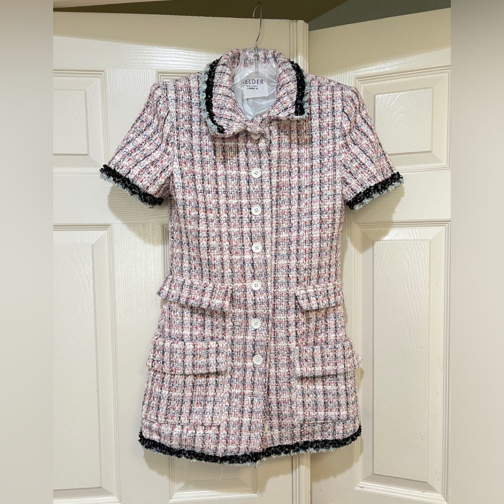 women Sz medium Enchanted Tweed mini Shirtdress quite luxury old money pockets - Picture 2 of 16